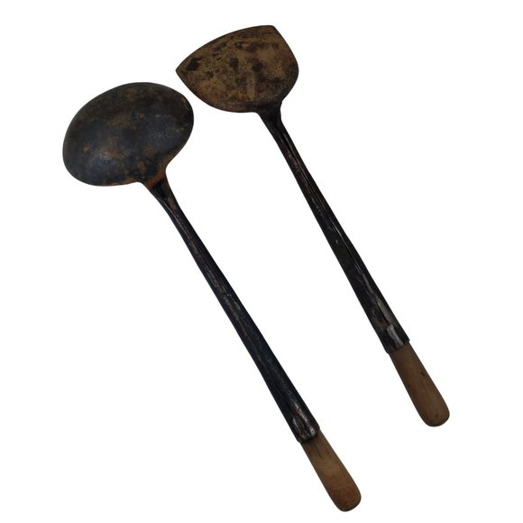 Primitive Hand Forged Ladle and Spatula Rustic Cooking Set Metal Wooden Handles - Picture 4 of 6